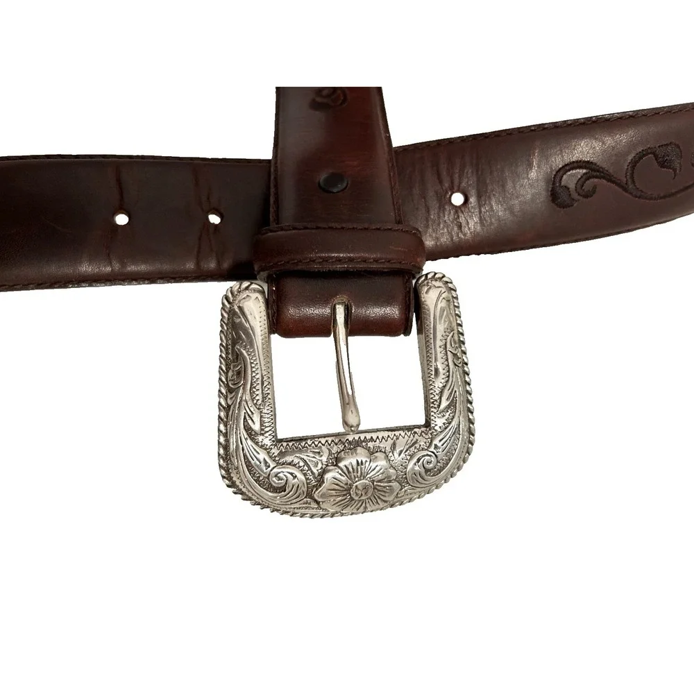 Brighton Americana Embroidered Leather Belt 28 Silver Tone Large Etch Buckle EUC